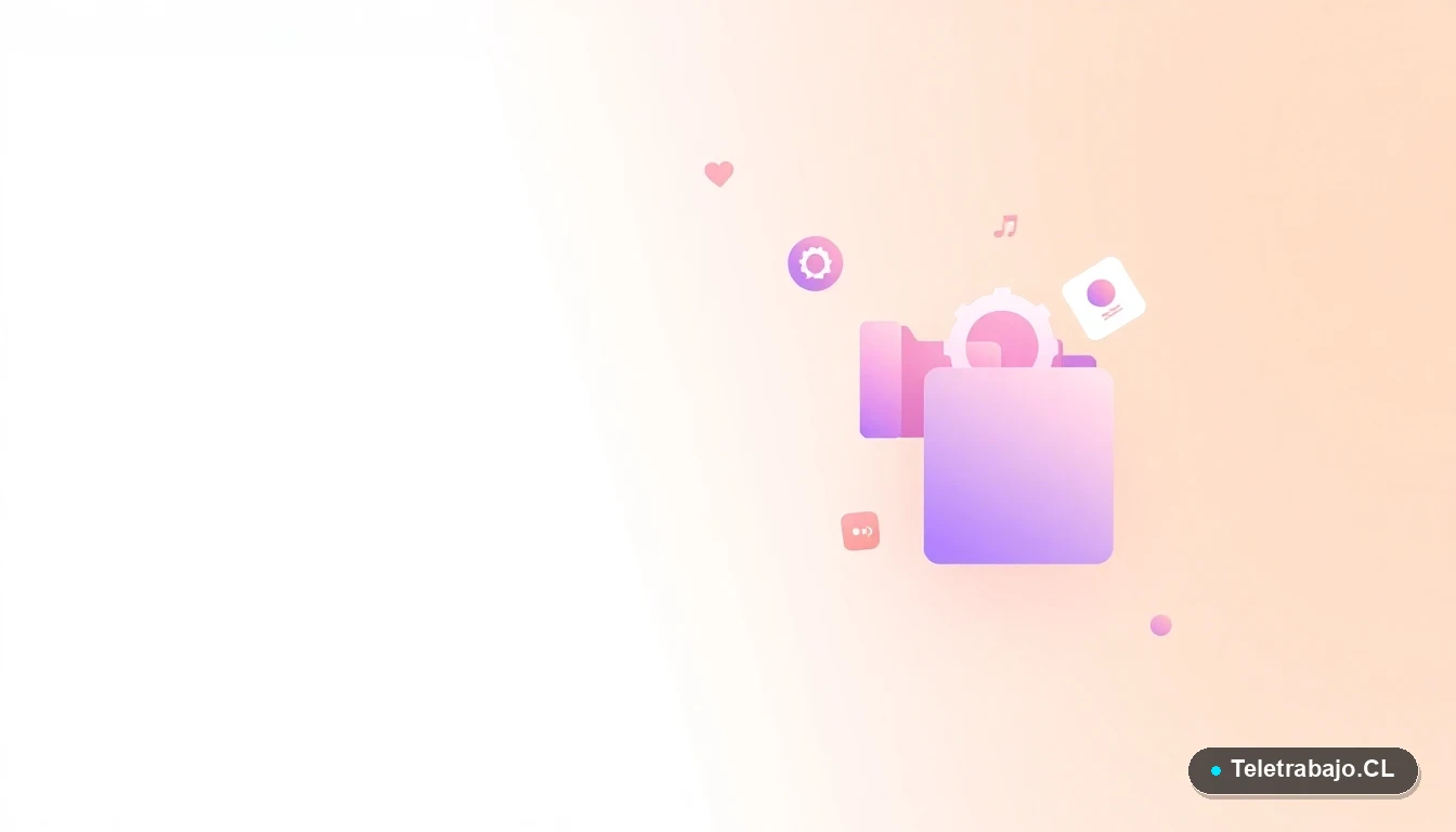 Composición abstracta de interfaz de usuario tecnológica con gráficos y engranajes flotantes en colores lavanda y durazno, estilo ilustración vectorial plana, sobre fondo degradado.