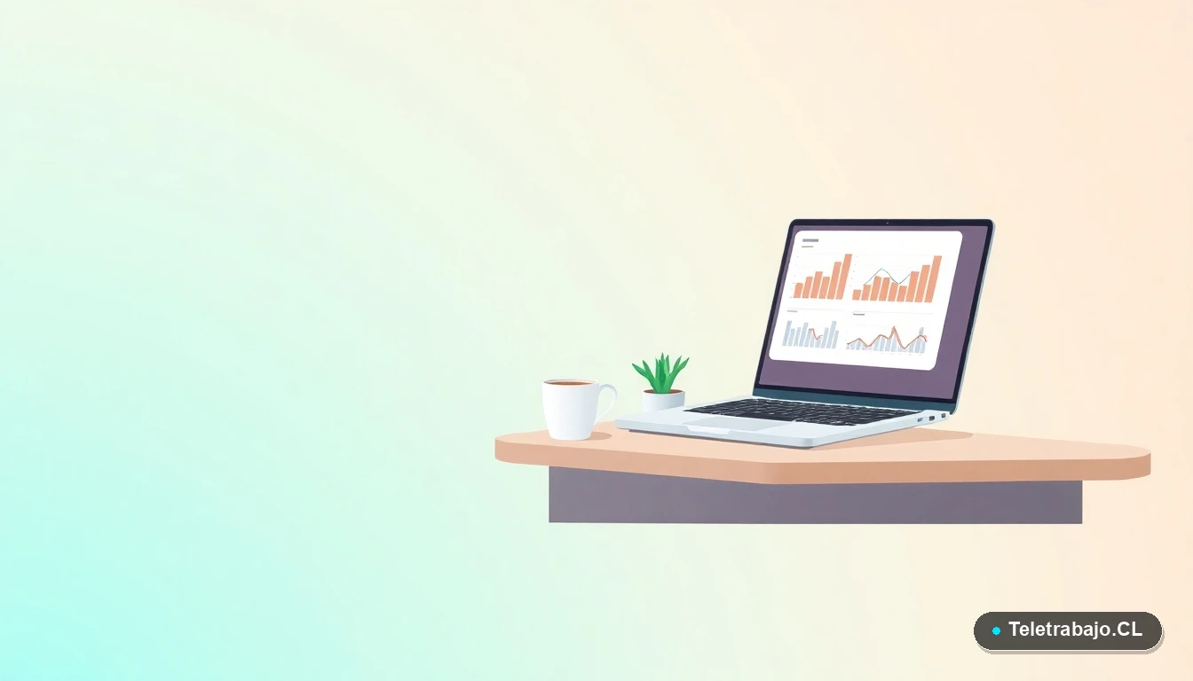 Escritorio moderno minimalista con laptop, taza de café y planta suculenta, en estilo de ilustración vectorial plana, sobre fondo degradado de menta y verde azulado.