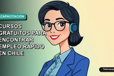 Ilustración vectorial plana de una mujer profesional chilena sonriente, con blusa azul y corte de pelo moderno, sobre fondo degradado verde azulado. Representa capacitación laboral gratuita.