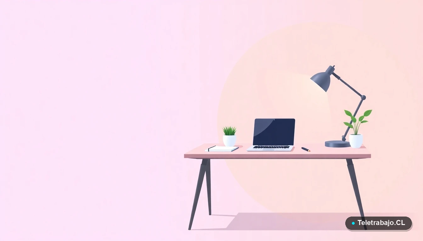 Escritorio moderno minimalista con laptop, cuaderno, lámpara y planta, sobre fondo degradado lavanda y durazno. Representa un espacio de estudio y trabajo para capacitación online.