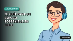 Ilustración vectorial plana de una mujer profesional chilena sonriente, con blusa azul, mirando a la cámara. Fondo con gradiente suave de color verde azulado. Representa oportunidades de empleo sostenible en acuicultura.