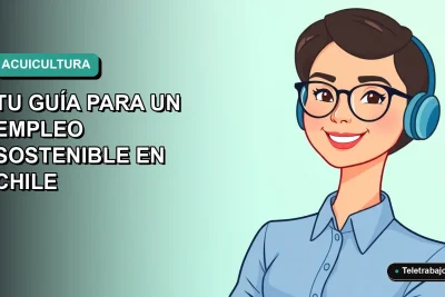 Ilustración vectorial plana de una mujer profesional chilena sonriente, con blusa azul, mirando a la cámara. Fondo con gradiente suave de color verde azulado. Representa oportunidades de empleo sostenible en acuicultura.