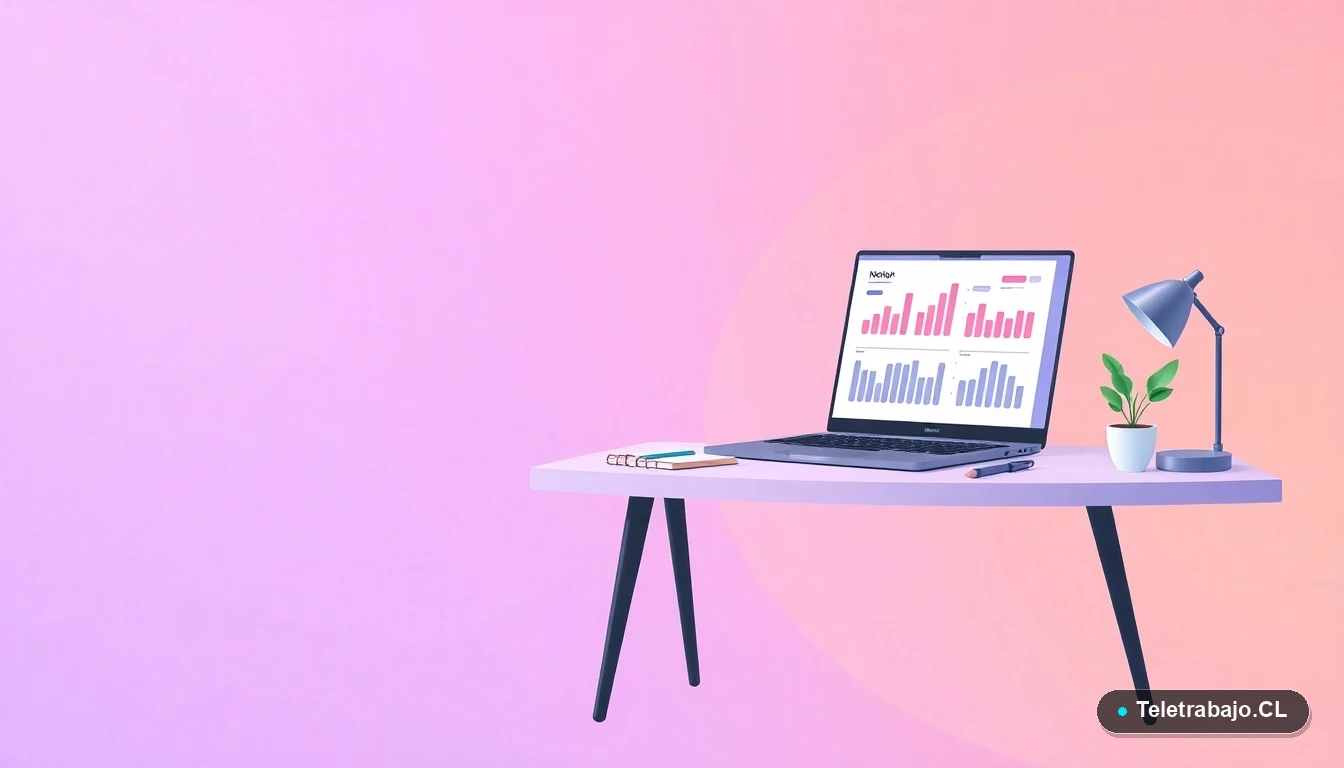 Ilustración de un escritorio moderno con laptop, gráficos abstractos y una planta, representando capacitación digital en acuicultura. Fondo con gradiente lavanda.