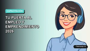Ilustración plana vectorial de una mujer profesional con blusa azul y lentes, sonriendo, sobre un fondo degradado suave de color aguamarina. Representa la capacitación SENCE en Cocina Saludable para empleo y emprendimiento.