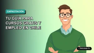 Ilustración plana vectorial de un trabajador masculino de la construcción, sonriente, con casco y chaleco reflectante, sobre un fondo degradado azul verdoso. Representa capacitación SENCE para el sector construcción 2026 en Chile.