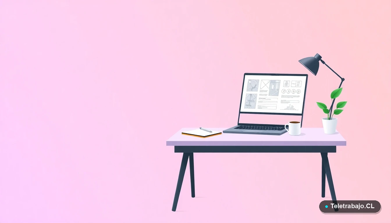 Escritorio moderno minimalista con laptop mostrando planos de construcción, taza de café y una planta. Fondo degradado lavanda. Representa capacitación técnica y cursos SENCE para el área de la construcción en Chile.