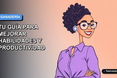 Ilustración plana vectorial de una mujer profesional de teletrabajo, con fondo degradado azul y naranja, representando capacitación SENCE en ganadería.
