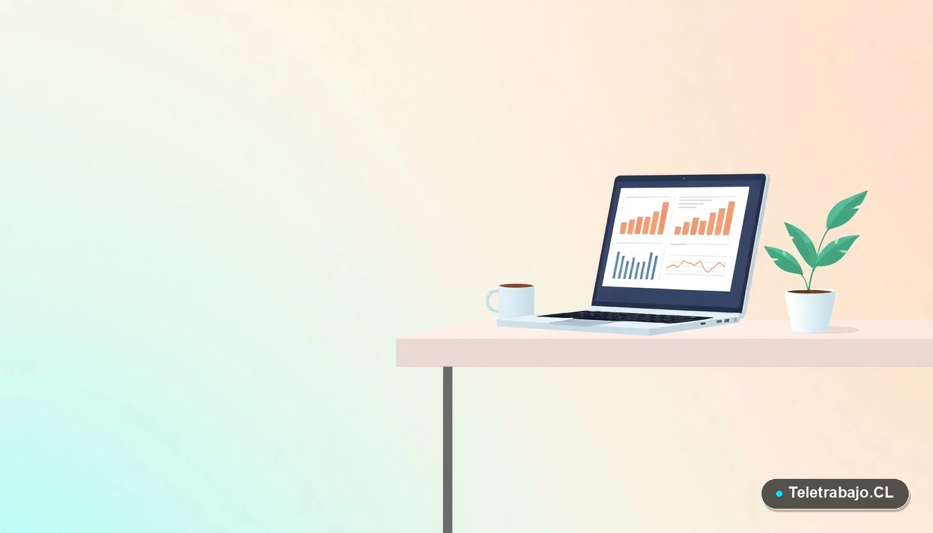 Escritorio moderno minimalista con laptop, gráficos, cuaderno y planta, sobre fondo degradado verde menta, para contenido de capacitación técnica ganadera.