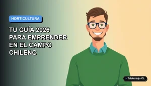 Ilustración vectorial plana de un trabajador remoto masculino con suéter verde, sonriendo, sobre un fondo degradado azul. Representa la capacitación en horticultura SENCE para emprendedores chilenos.