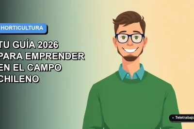 Ilustración vectorial plana de un trabajador remoto masculino con suéter verde, sonriendo, sobre un fondo degradado azul. Representa la capacitación en horticultura SENCE para emprendedores chilenos.