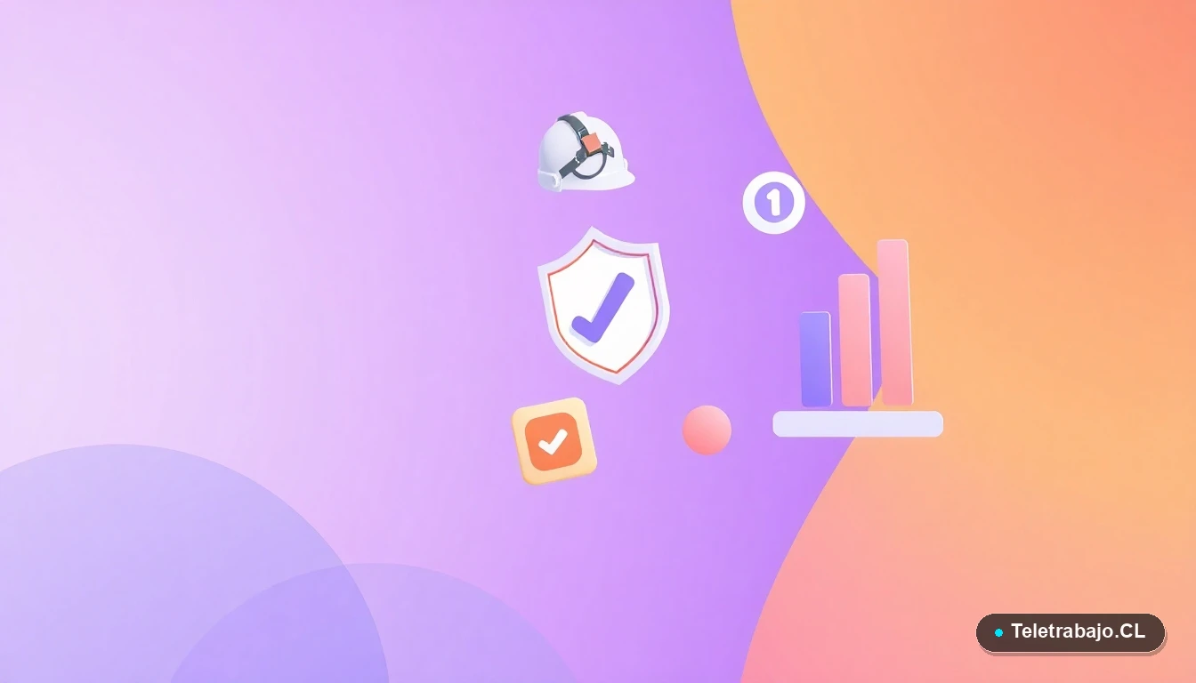 Composición abstracta de interfaz de usuario con iconos de seguridad: arnés, casco, escudo con check y gráfico. Ilustración vectorial plana sobre fondo degradado lavanda, para artículo sobre normas de trabajo en altura.