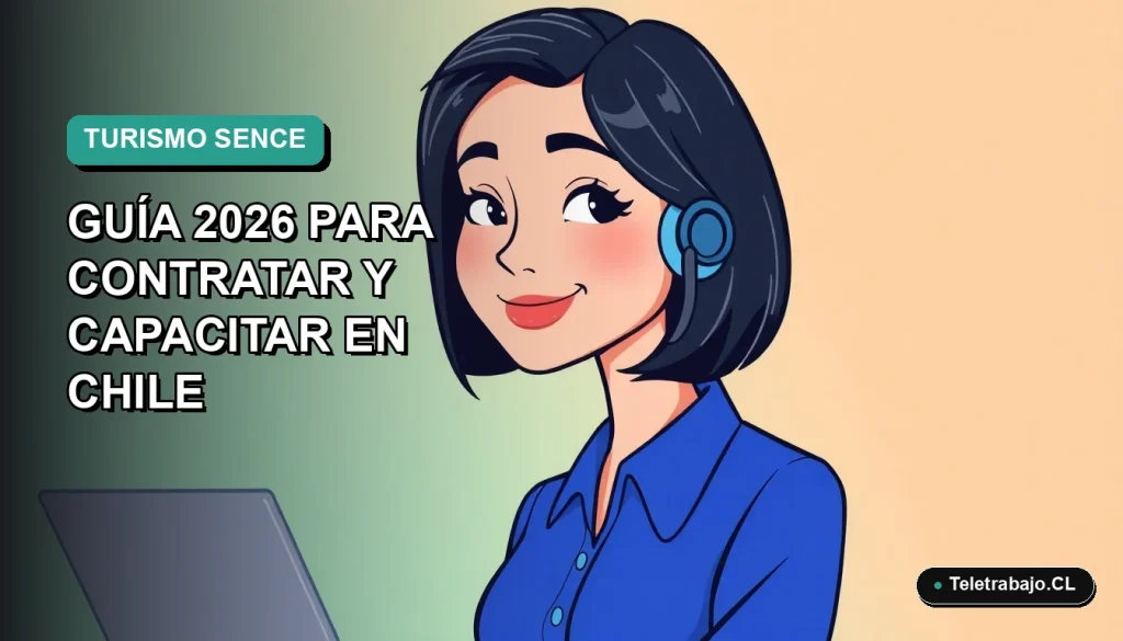 Ilustración plana vectorial de una mujer profesional sonriente, con blusa azul y corte bob, sobre fondo degradado verde azulado. Representa capacitación en turismo SENCE 2026.