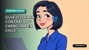 Ilustración plana vectorial de una mujer profesional sonriente, con blusa azul y corte bob, sobre fondo degradado verde azulado. Representa capacitación en turismo SENCE 2026.