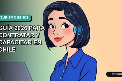 Ilustración plana vectorial de una mujer profesional sonriente, con blusa azul y corte bob, sobre fondo degradado verde azulado. Representa capacitación en turismo SENCE 2026.