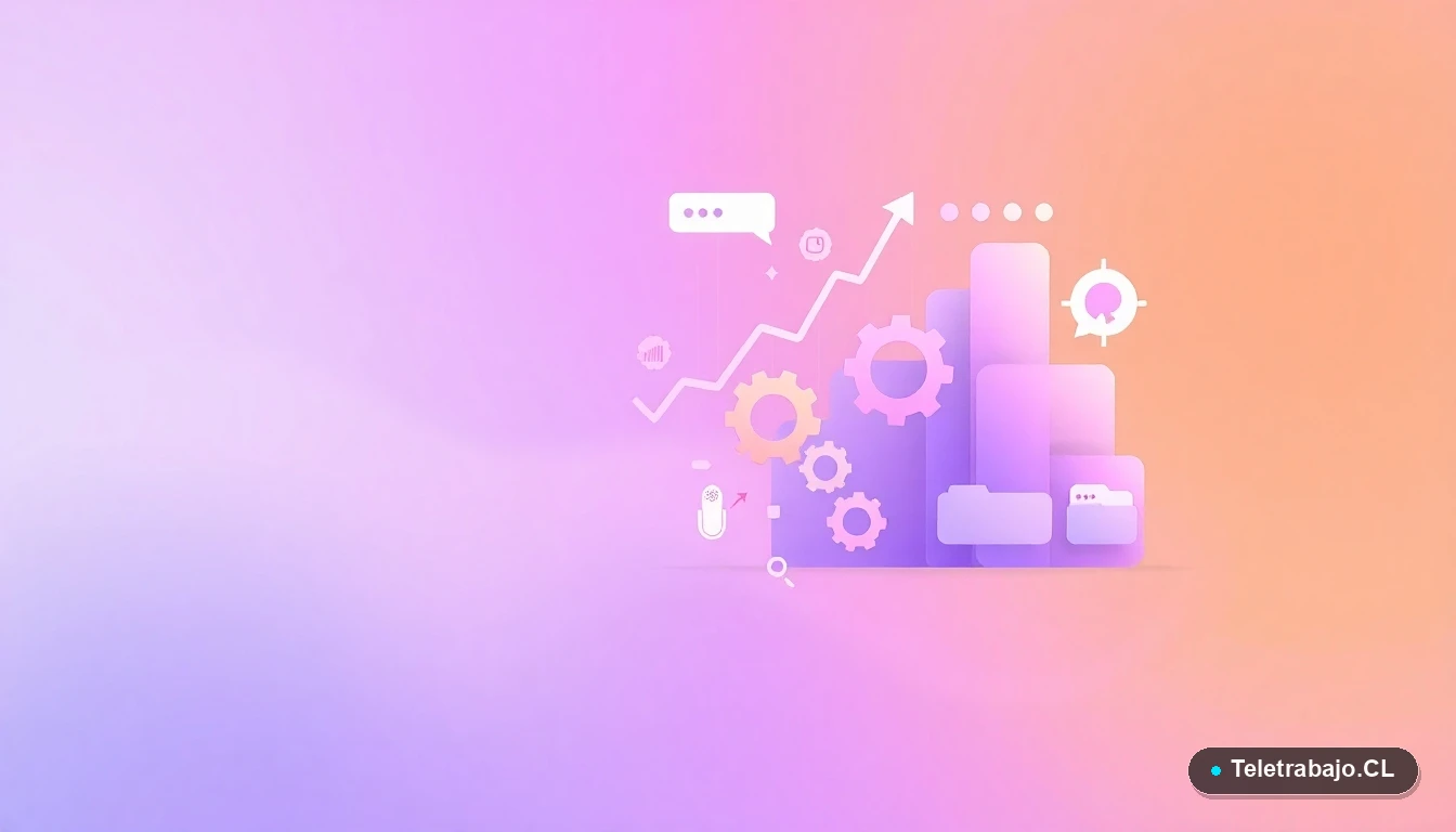 Composición abstracta de interfaz de usuario con gráficos flotantes, engranajes y carpetas minimalistas en colores lavanda y durazno, sobre fondo degradado. Concepto de gestión y capacitación en turismo.