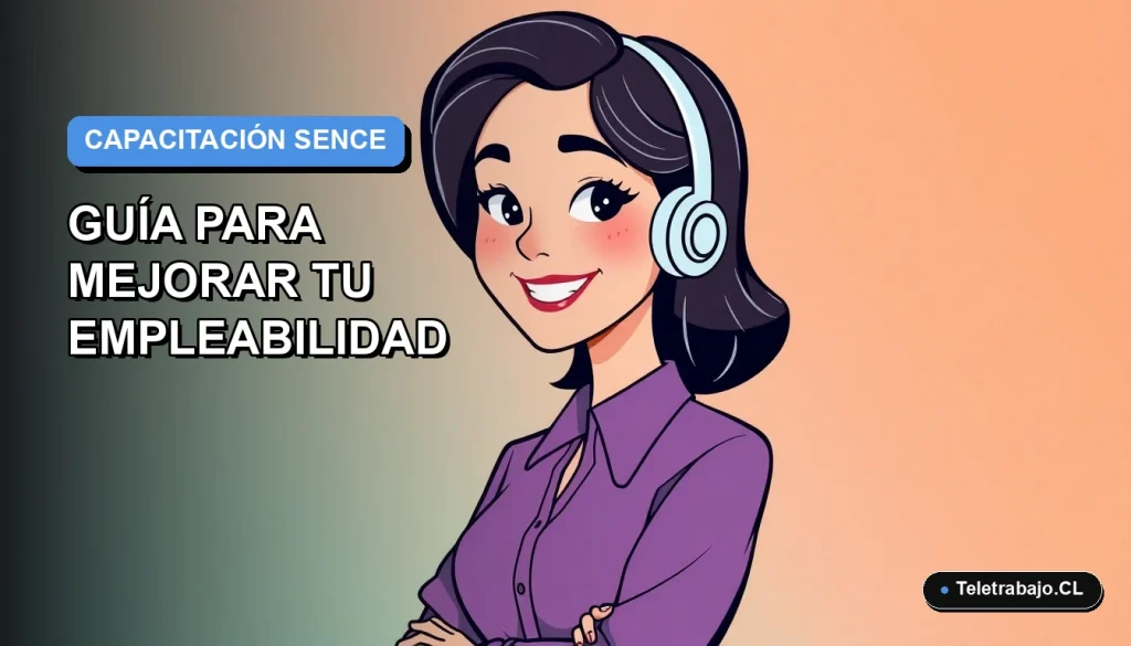 Ilustración plana vectorial de mujer profesional de turismo sonriendo, con fondo degradado azul y naranja. Capacitación SENCE 2026.
