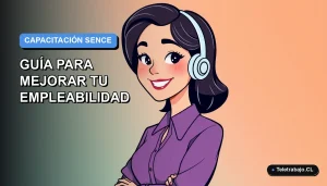 Ilustración plana vectorial de mujer profesional de turismo sonriendo, con fondo degradado azul y naranja. Capacitación SENCE 2026.