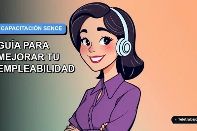 Ilustración plana vectorial de mujer profesional de turismo sonriendo, con fondo degradado azul y naranja. Capacitación SENCE 2026.