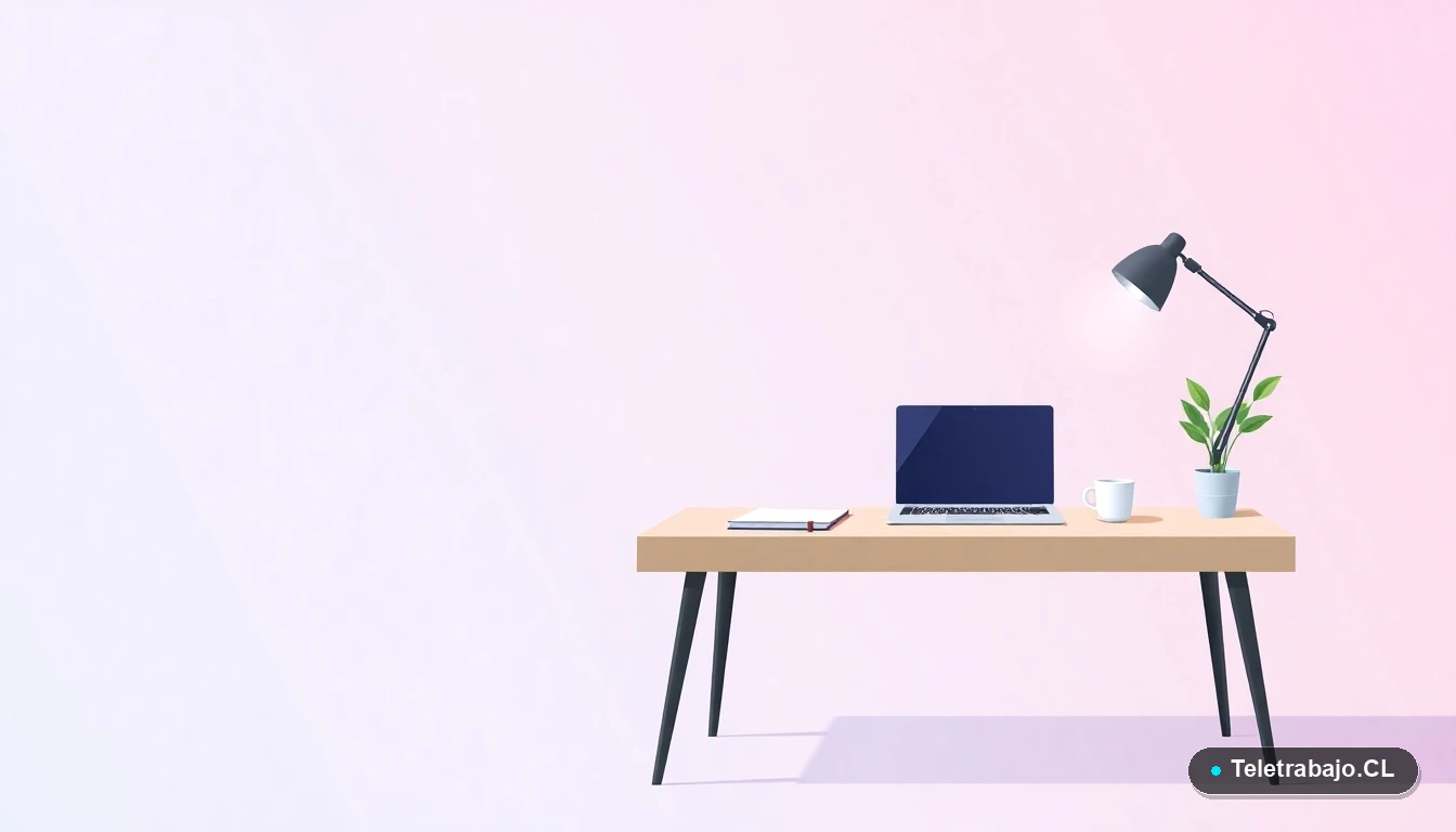 Escritorio moderno minimalista con laptop, cuaderno y café, ilustración plana para representar capacitación online. Fondo degradado menta y lila.