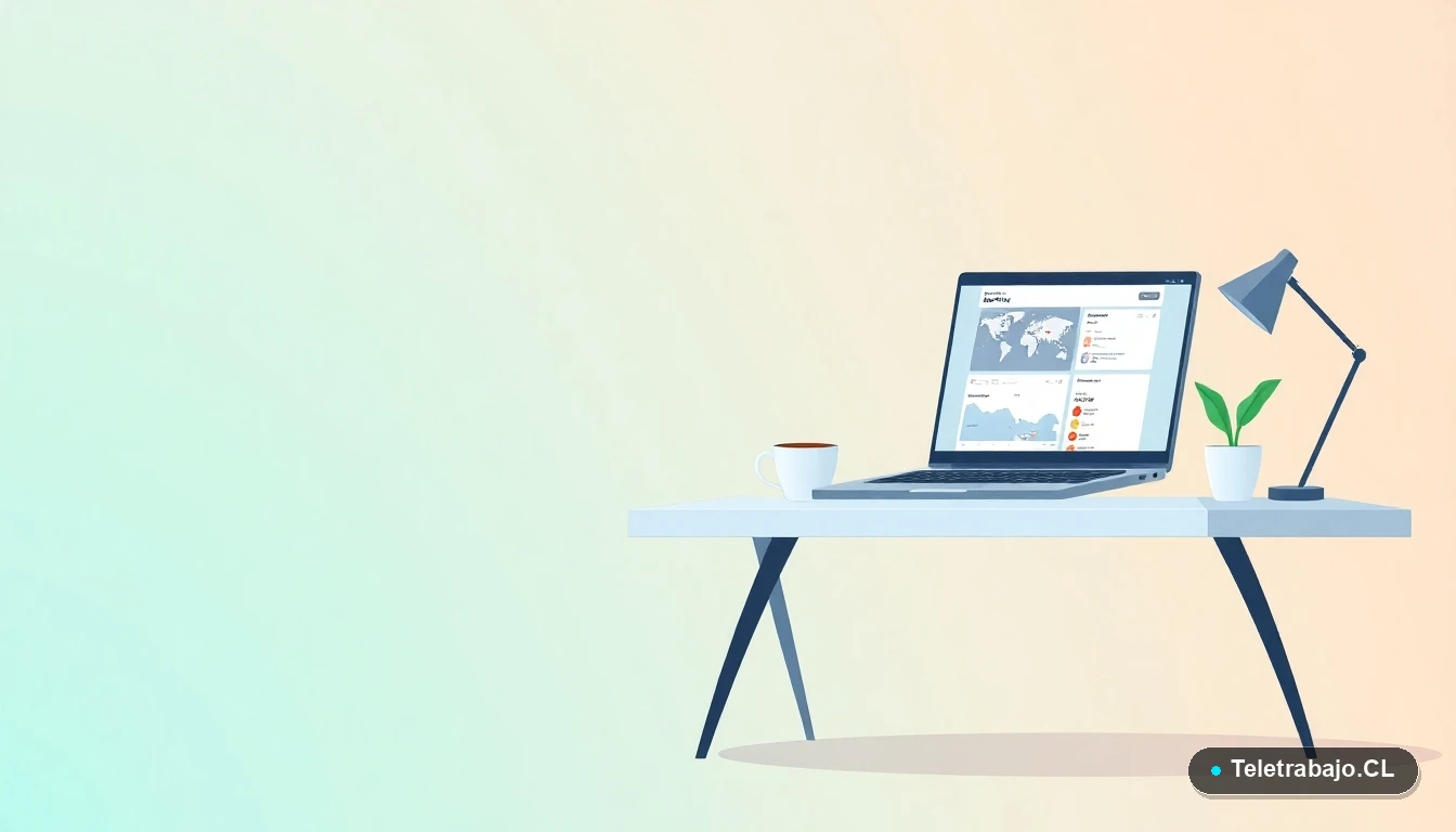 Escritorio moderno minimalista con laptop, taza de café y una planta suculenta, ilustración plana vectorial sobre fondo degradado en tonos verde azulado y menta.