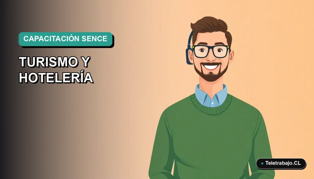 Ilustración vectorial plana de un profesional chileno en capacitación SENCE para el sector turístico.