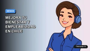 Ilustración vectorial plana de una mujer profesional chilena sonriente, con blusa azul, en un fondo degradado suave. Representa capacitación SENCE en yoga para el bienestar laboral.