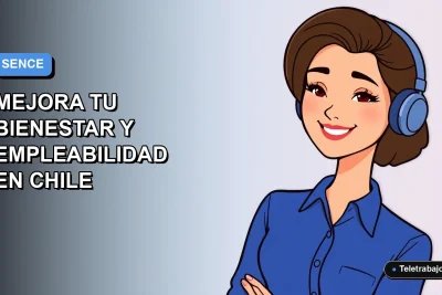 Ilustración vectorial plana de una mujer profesional chilena sonriente, con blusa azul, en un fondo degradado suave. Representa capacitación SENCE en yoga para el bienestar laboral.