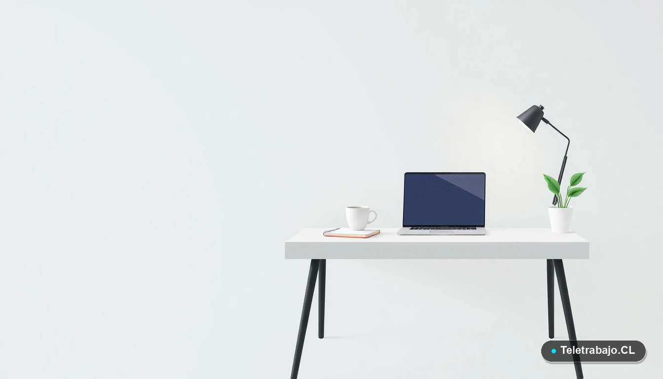 Escritorio moderno minimalista con laptop, cuaderno, taza de café y planta, en fondo degradado. Espacio de trabajo ideal para capacitación online SENCE.