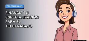 Ilustración vectorial plana de una mujer profesional de teletrabajo sonriendo, con fondo degradado azul y naranja. Espacio negativo a la izquierda.