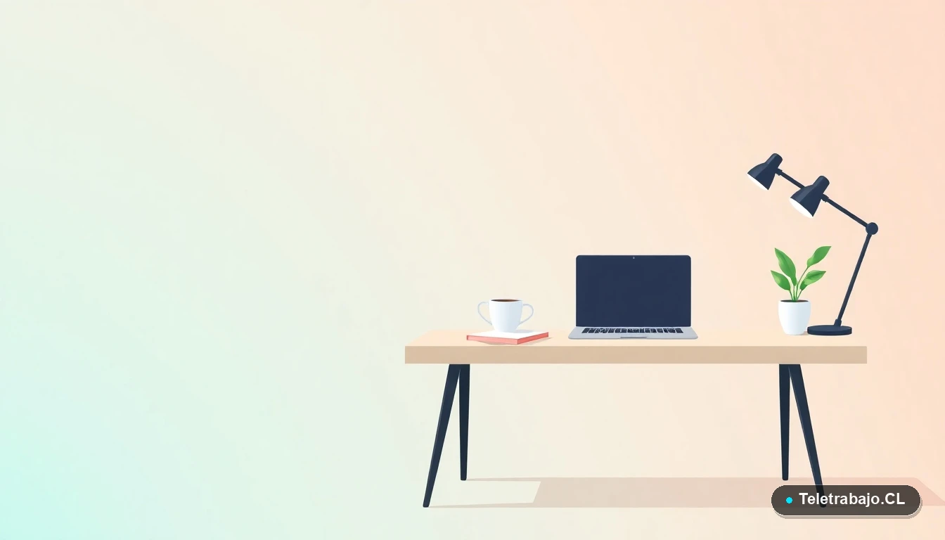 Escritorio moderno minimalista para teletrabajo con laptop, cuaderno y planta, ilustración vectorial plana con fondo degradado de menta y verde azulado.