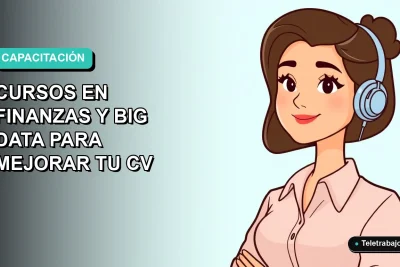 Ilustración plana vectorial de una mujer profesional de tecnología, con fondo degradado azul verdoso, promocionando cursos gratuitos de SENCE en finanzas y análisis de datos para mejorar el currículum.