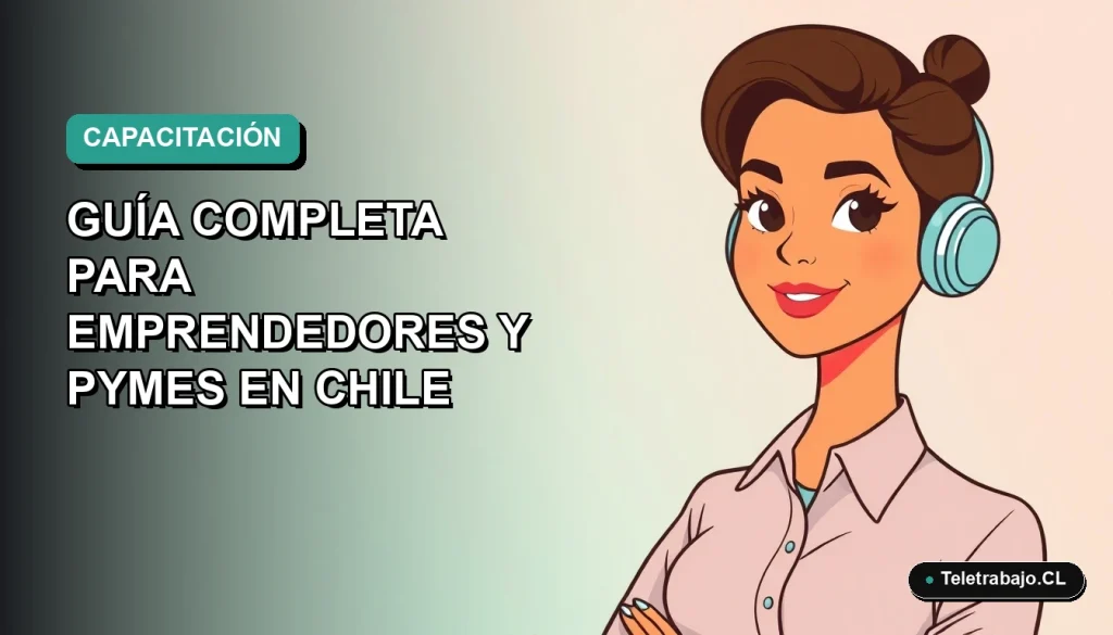 Ilustración vectorial plana de una mujer profesional trabajando remotamente, con fondo degradado azul y verde, representando capacitación para emprendedores chilenos.