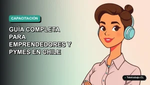 Ilustración vectorial plana de una mujer profesional trabajando remotamente, con fondo degradado azul y verde, representando capacitación para emprendedores chilenos.