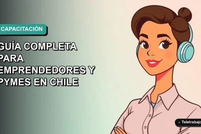 Ilustración vectorial plana de una mujer profesional trabajando remotamente, con fondo degradado azul y verde, representando capacitación para emprendedores chilenos.