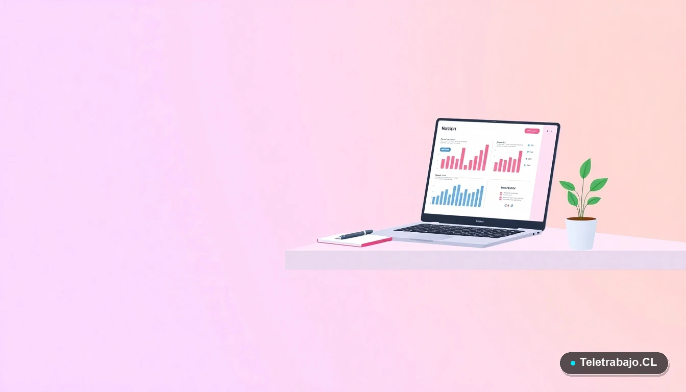 Escritorio moderno minimalista con laptop y elementos de oficina en estilo ilustración vectorial, fondo degradado lila y durazno, concepto de espacio de trabajo y aprendizaje para PYMES.