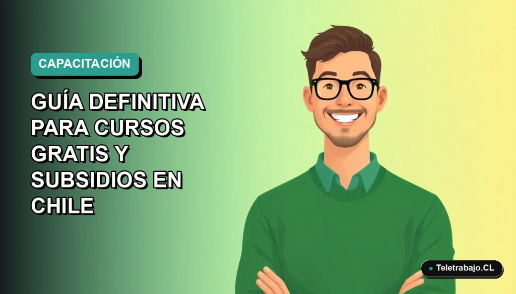 Ilustración plana vectorial de un trabajador remoto masculino sonriente, con suéter verde, frente a un fondo degradado azul y verde. Representa capacitación profesional gratuita en Chile.