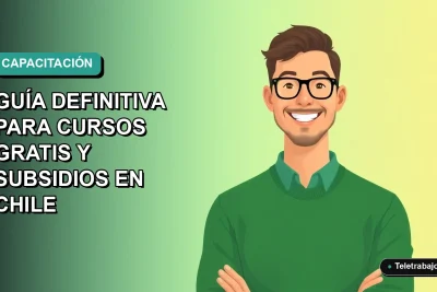 Ilustración plana vectorial de un trabajador remoto masculino sonriente, con suéter verde, frente a un fondo degradado azul y verde. Representa capacitación profesional gratuita en Chile.