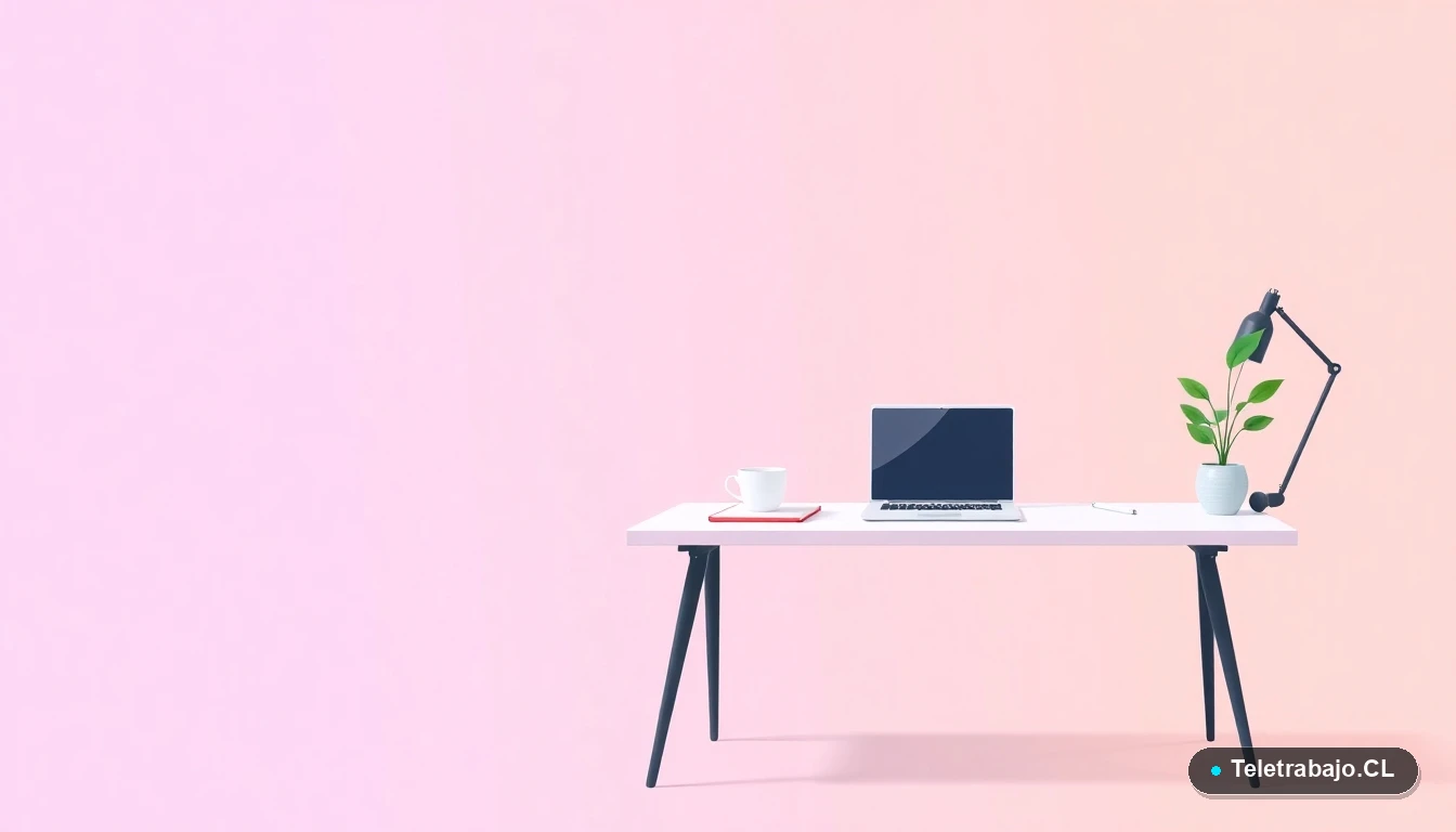 Escritorio moderno minimalista con laptop, cuaderno, taza de café y una planta, sobre fondo degradado lavanda y durazno. Ilustración plana que simboliza el espacio de estudio y trabajo remoto.
