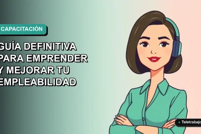 Ilustración vectorial plana de mujer profesional trabajando de forma remota, con fondo degradado de color teal, representando capacitación SENCE 2026.