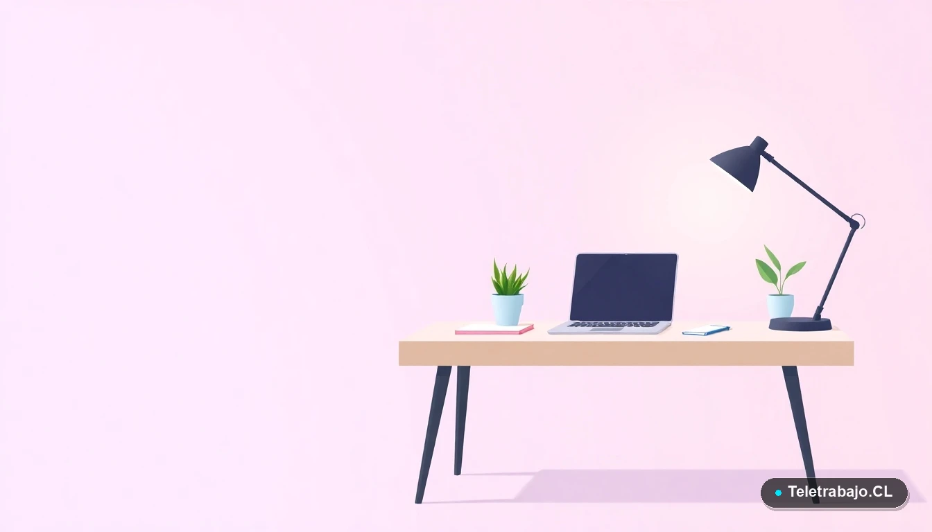 Escritorio moderno minimalista con laptop y planta, en estilo de ilustración vectorial plana, fondo degradado lavanda, concepto de espacio de trabajo y aprendizaje remoto.