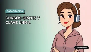 Ilustración plana vectorial de una mujer profesional con laptop, representando capacitación SENCE gratuita para mujeres con Clave Única, sobre fondo degradado suave.