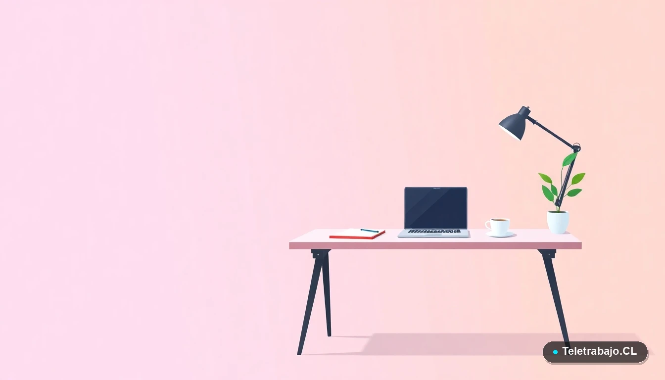 Escritorio moderno vacío con laptop, cuaderno y planta, en estilo ilustración vectorial plana sobre fondo degradado lila y durazno. Concepto de espacio de aprendizaje y oportunidades.