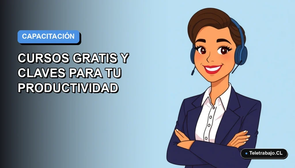 Ilustración vectorial plana de una trabajadora remota sonriente, con fondo degradado azul, para capacitación SENCE 2026.