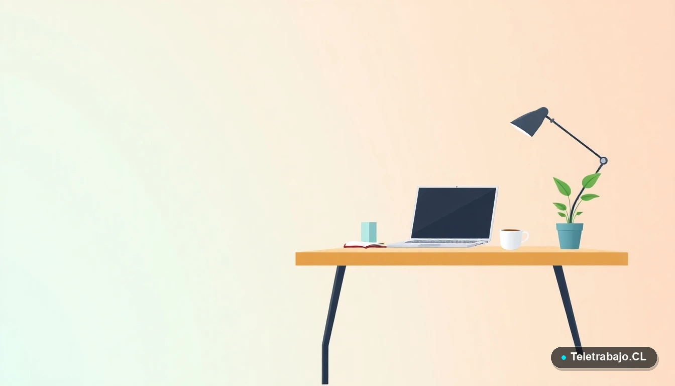 Escritorio moderno minimalista para teletrabajo con laptop y elementos de oficina, ilustración plana con fondo degradado verde azulado.