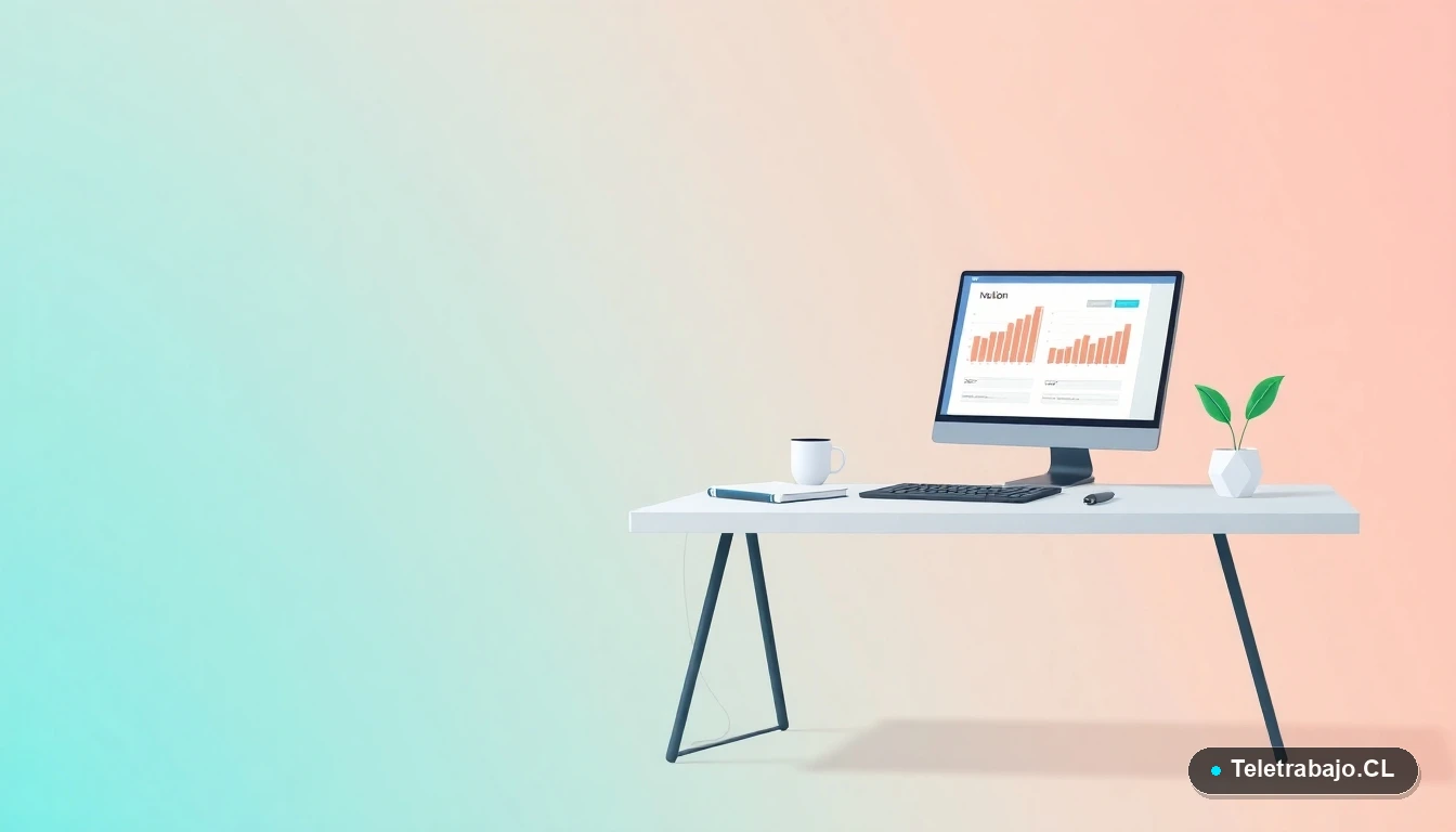 Escritorio moderno con laptop, gráficos, una taza de café y una planta, ilustración plana vectorial para contenido de capacitación técnica, fondo degradado azul.