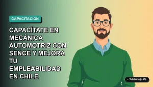 Ilustración plana vectorial de un hombre capacitándose en mecánica automotriz con SENCE, fondo degradado azul verdoso.