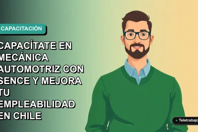 Ilustración plana vectorial de un hombre capacitándose en mecánica automotriz con SENCE, fondo degradado azul verdoso.