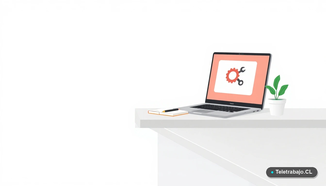 Escritorio moderno con laptop mostrando diagrama de mecánica, ilustración plana para capacitación SENCE.