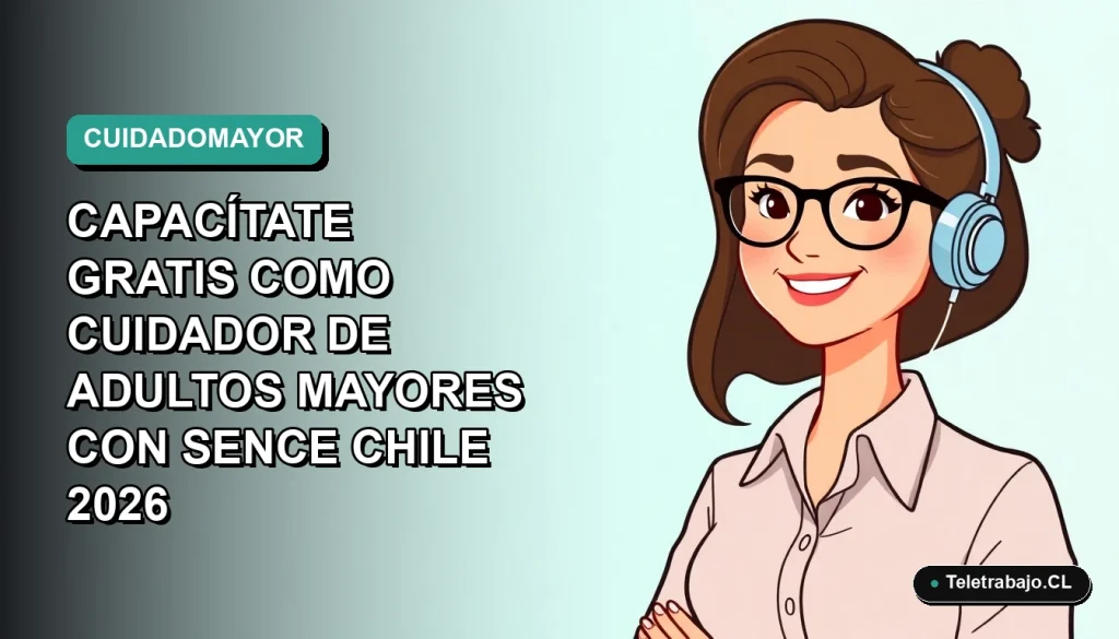 Ilustración vectorial plana de un cuidador de adultos mayores sonriente, fondo con gradiente suave de color verde azulado.