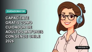 Ilustración vectorial plana de un cuidador de adultos mayores sonriente, fondo con gradiente suave de color verde azulado.